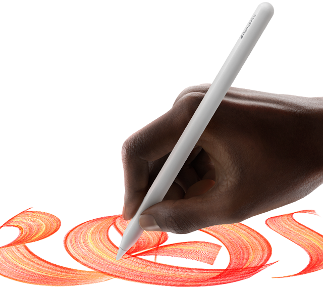 Egy felhasználó a kezében tartott Apple Pencil Próval színes, kanyargó, kézírásszerű szöveget készít