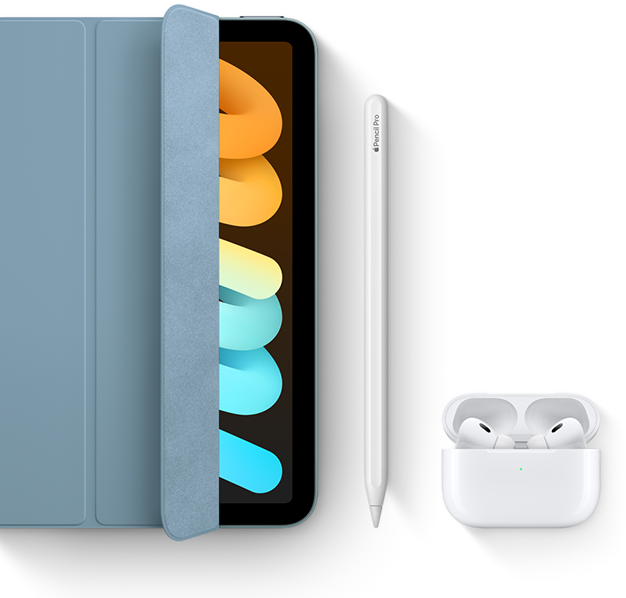 iPad mini Smart Folióval, Apple Pencil Próval és AirPods Próval használva