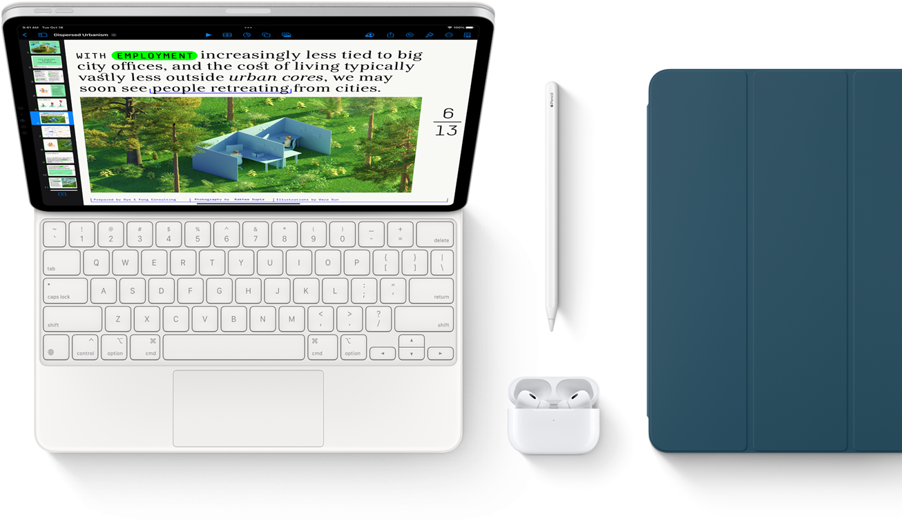 Smart Keyboard Folio, Apple Pencil, AirPods Pro és tengerkék iPad-tok.
