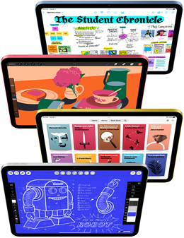 iPad-kijelzők szemből, rajtuk különféle Apple- és App Store-alkalmazásokkal