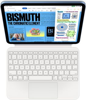 Magic Keyboard Folióhoz csatlakoztatott iPad, melynek a képernyőjén a Slide Over funkció jelenik meg a Pages és a Jegyzetek appal