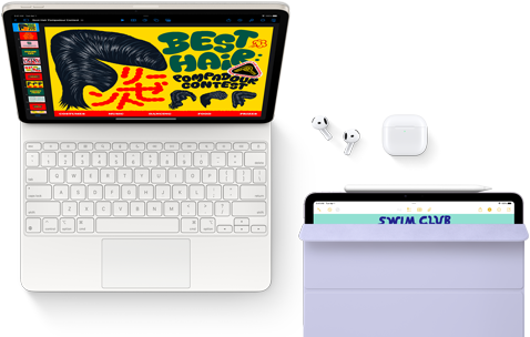 Egy Magic Keyboardhoz csatlakoztatott iPad Air, mellette különböző kiegészítők – AirPods Pro, Apple Pencil Pro és Smart Folio