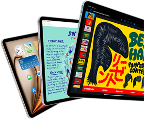 Három iPad Air, a kijelzőjükön az iPadOS és különböző appok funkcióival