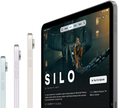 Három iPad Air oldalnézetből, valamint egy negyedik a kijelzőjén A siló című Apple TV+-sorozattal