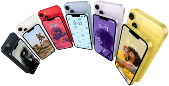 Hat különböző színű iPhone 14 elöl- és hátulnézete – éjfekete, csillagfény, (PRODUCT)RED, kék, lila és sárga